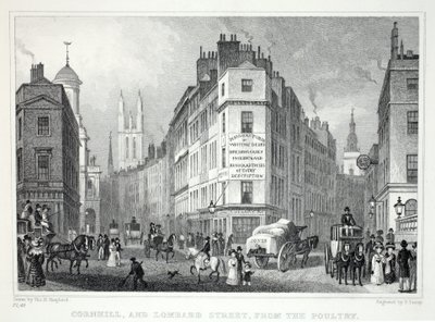 Cornall ja Lombard Street, Poultrysta, "Lontoo ja sen ympäristö 1800-luvulla" -pubista. Jones und Co., 1827-1829 tekijältä Thomas Hosmer Shepherd