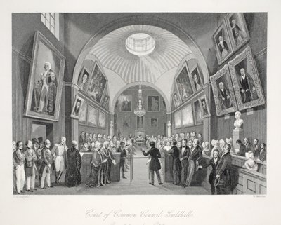 Court of Common Council, Guildhall, "London Interiors with their Costumes and Ceremonies" -pubista. Joseph Mead, Lontoo, n.1843 (teräskaiverrus) tekijältä Thomas Hosmer Shepherd