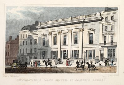 Crockfords Club House, St. James Street. Pub. 1828 (käsinvärinen kaiverrus) tekijältä Thomas Hosmer Shepherd