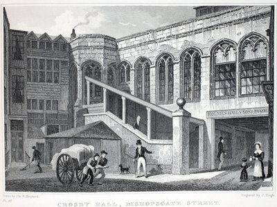 Crosby Hall, "Lontoo ja sen ympäristö 1800-luvulla" -pubista. Jones und Co., 1827-1829 tekijältä Thomas Hosmer Shepherd