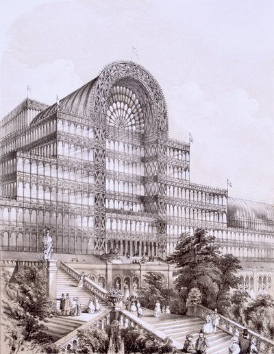 Crystal Palace Sydenhamissa, Suuren Transeptin edessä, vuodelta 1854. tekijältä Thomas Hosmer Shepherd