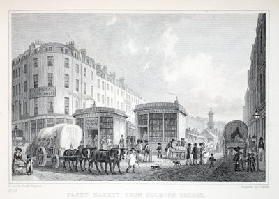 Fleet Street, Holborn Bridgestä, "Lontoo ja sen ympäristö 1800-luvulla" -pubista. Jones und Co., 1827-1829 tekijältä Thomas Hosmer Shepherd