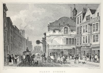 Fleet Street, "Lontoo ja sen ympäristö 1800-luvulla" -pubista. Jones und Co., 1827-1829 tekijältä Thomas Hosmer Shepherd