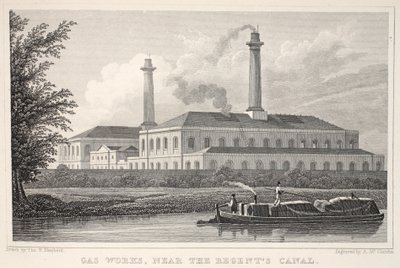 Gas Works, lähellä Regents-kanavaa, "Lontoo ja sen ympäristö 1800-luvulla" -pubista. Jones und Co., 1827-1829 tekijältä Thomas Hosmer Shepherd