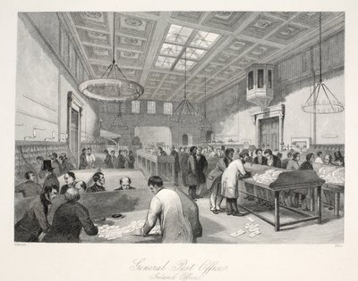 General Post Office, Inland Office, pubista "London Interiors heidän puvuineen ja seremoniaineen". Joseph Mead, Lontoo, n.1843 (teräskaiverrus) tekijältä Thomas Hosmer Shepherd