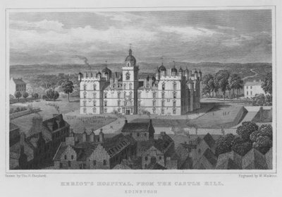Heriotin sairaala, Castle Hill, Edinburgh (kaiverrus) tekijältä Thomas Hosmer Shepherd