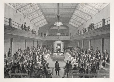 House of Commons, "London Interiors with their Costumes and Ceremonies" -pubista. Joseph Mead, Lontoo, n.1843 (teräskaiverrus) tekijältä Thomas Hosmer Shepherd