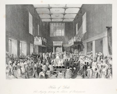 House of Lords, "London Interiors with their Costumes and Ceremonies" -pubista. Joseph Mead, Lontoo, n.1843 (teräskaiverrus) tekijältä Thomas Hosmer Shepherd