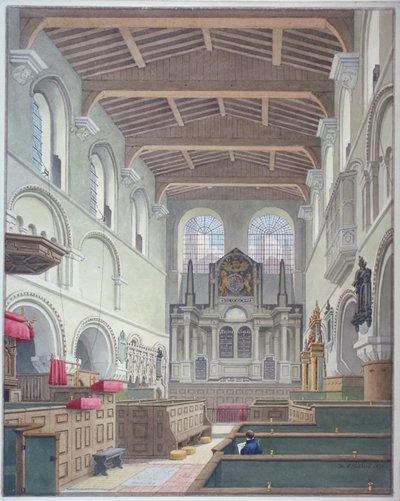 Sisäkuva St Bartholomew-the-Greatin kirkosta, Smithfield, Lontoon kaupunki, 1821. tekijältä Thomas Hosmer Shepherd