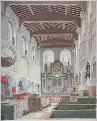 Sisäkuva St Bartholomew-the-Greatin kirkosta, Smithfield, Lontoon kaupunki, 1821. tekijältä Thomas Hosmer Shepherd
