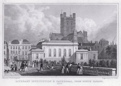 Kirjallisuusinstituutti ja katedraali, North Parade, Bath (kaiverrus) tekijältä Thomas Hosmer Shepherd