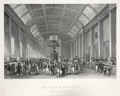 Long Room in Custom-House, "London Interiors heidän puvuineen ja seremonioineen" -pubista. Joseph Mead, Lontoo, n. 1843 (teräskaiverrus) tekijältä Thomas Hosmer Shepherd