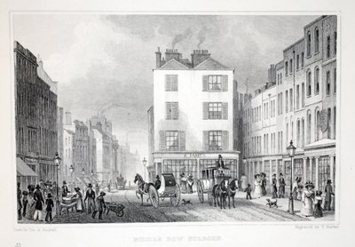 Middle Row, Holborn, "London ja sen ympäristö 1900-luvulla" -pubista. Jones und Co., 1827-1829 tekijältä Thomas Hosmer Shepherd