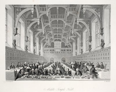 Middle Temple Hall, "London Interiors with their Costumes and Ceremonies" -pubista. Joseph Mead, Lontoo, n.1843 (teräskaiverrus) tekijältä Thomas Hosmer Shepherd