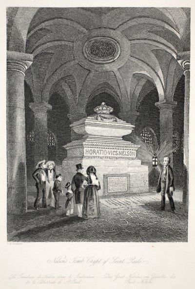 Nelsonin hauta St Paulin kryptassa, pubista "London Interiors with their Costumes and Ceremonies". Joseph Mead, Lontoo, n.1843 (teräskaiverrus) tekijältä Thomas Hosmer Shepherd