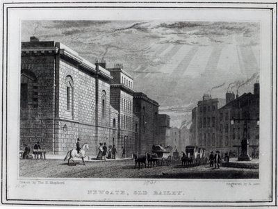 Newgaten vankila ja Old Bailey, kaiverrus Robert Acon, 1831 tekijältä Thomas Hosmer Shepherd