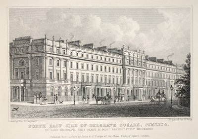Belgrave Squaren koillispuoli, Pimlico, "Lontoo ja sen ympäristö 1800-luvulla" -pubista. Jones und Co., 1827-1829 tekijältä Thomas Hosmer Shepherd