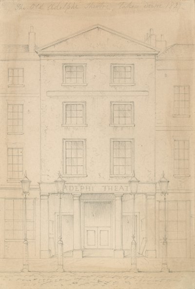 Alkuperäinen lyijykynäluonnos Lontoon Adelphi-teatterista, kirjoittanut Thomas H Shepherd tekijältä Thomas Hosmer Shepherd