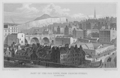 Osa vanhaa kaupunkia Princes Streetiltä, Edinburghista (kaiverrus) tekijältä Thomas Hosmer Shepherd