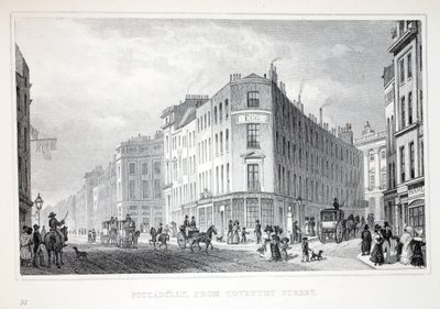 Piccadilly, Coventry Streetiltä, "Lontoo ja sen ympäristö 1800-luvulla" -pubista. Jones und Co., 1827-1829 tekijältä Thomas Hosmer Shepherd