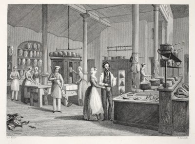 Reform Club - keittiö, "London Interiors with their Costumes and Ceremonies" -pubista. Joseph Mead, Lontoo, n.1843 (teräskaiverrus) tekijältä Thomas Hosmer Shepherd