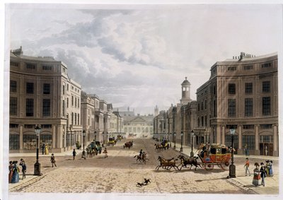 Regent Street, Piccadillysta, kaiverrus J. Bluck (fl.1791-1831), pub. 1822, Ackermannin "Taidevarasto" (akvatinta) tekijältä Thomas Hosmer Shepherd