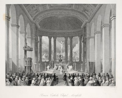Roomalaiskatolinen kappeli, Moorfields, "London Interiors heidän pukuineen ja seremoniaineen" -pubista. Joseph Mead, Lontoo, n.1843 (teräskaiverrus) tekijältä Thomas Hosmer Shepherd