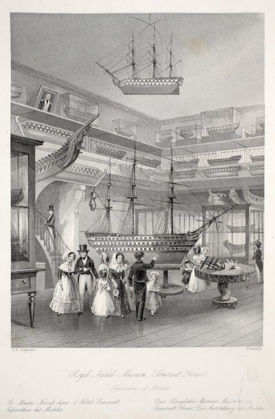 Royal Naval Museum, Somerset House, "London Interiors with their Costumes and Ceremonies" -pubista. Joseph Mead, Lontoo, n.1843 (teräskaiverrus) tekijältä Thomas Hosmer Shepherd
