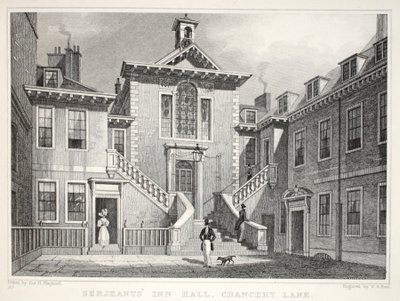 Serjeants Inn, Chancery Lane, "Lontoo ja sen ympäristö 1800-luvulla" -pubista. Jones und Co., 1827-1829 tekijältä Thomas Hosmer Shepherd