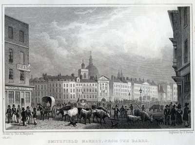 Smithfield Market Barrsista, kaiverrus Thomas Barber, n. 1830 tekijältä Thomas Hosmer Shepherd