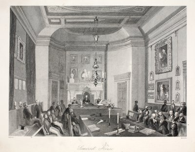 Somerset House, "London Interiors with their Costumes and Ceremonies" -pubista. Joseph Mead, Lontoo, n.1843 (teräskaiverrus) tekijältä Thomas Hosmer Shepherd