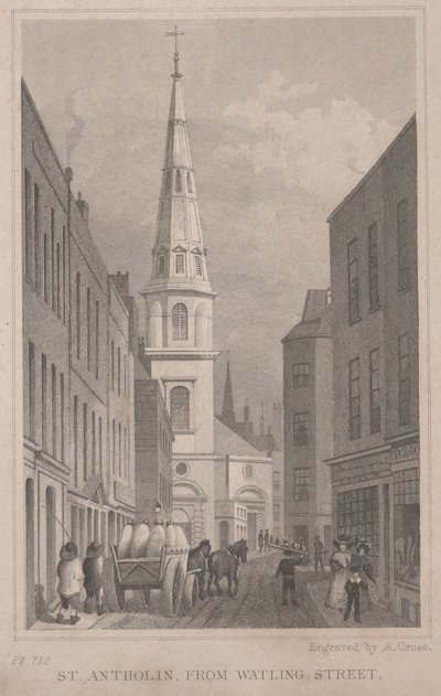 St. Antholin, Watling Streetiltä, kaiverrus A. Cruse, n. 1830 (kaiverrus) tekijältä Thomas Hosmer Shepherd