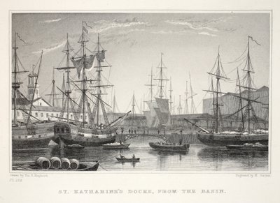 St Katherine Docks, Basinista, Tower, Lontoosta ja sen ympäristö 1800-luvun pubissa. Jones und Co., 1827-1829 tekijältä Thomas Hosmer Shepherd