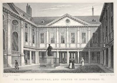 St Thomasin sairaala ja kuningas Edward VI:n patsas, "Lontoo ja sen ympäristö 1800-luvulla" -pubista. Jones und Co., 1827-1829 tekijältä Thomas Hosmer Shepherd
