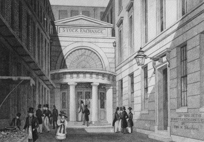 Pörssi, Lontoo, julkaisusta "Metropolitan Improvements; tai Lontoo 1800-luvulla”, n. 1828 tekijältä Thomas Hosmer Shepherd