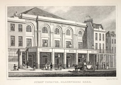 Surry Theatre, Blackfriars Road, "London ja sen ympäristö 1900-luvulla" -pubista. Jones und Co., 1827-1829 tekijältä Thomas Hosmer Shepherd