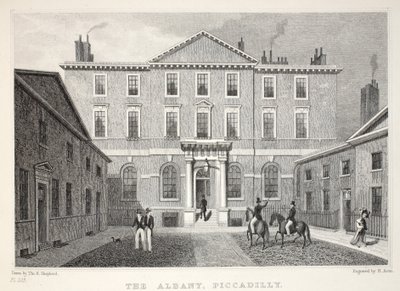 Albany, Piccadilly, "Lontoo ja sen ympäristö 1800-luvulla" -pubista. Jones und Co., 1827-1829 tekijältä Thomas Hosmer Shepherd