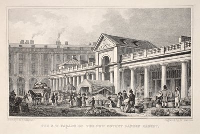 N.W. New Covent Garden Marketin julkisivu, pubista "Lontoo ja sen ympäristö 1800-luvulla". Jones und Co., 1827-1829 tekijältä Thomas Hosmer Shepherd