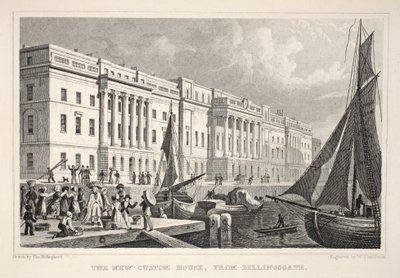 New Custom House, Billingsgate, "Lontoo ja sen ympäristö 1800-luvulla" -pubista. Jones und Co., 1827-1829 tekijältä Thomas Hosmer Shepherd