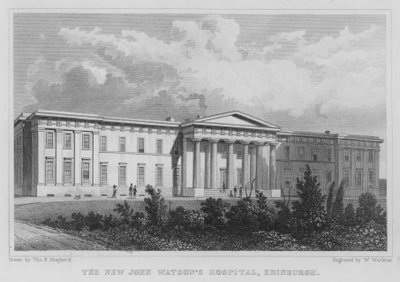Uusi John Watsonin sairaala, Edinburgh (kaiverrus) tekijältä Thomas Hosmer Shepherd