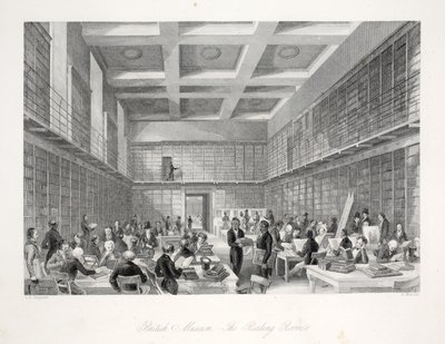 British Museumin lukusali ja kirjasto, "London Interiors with their Costumes and Ceremonies" -pubista. Joseph Mead, Lontoo, n. 1843 (teräskaiverrus) tekijältä Thomas Hosmer Shepherd