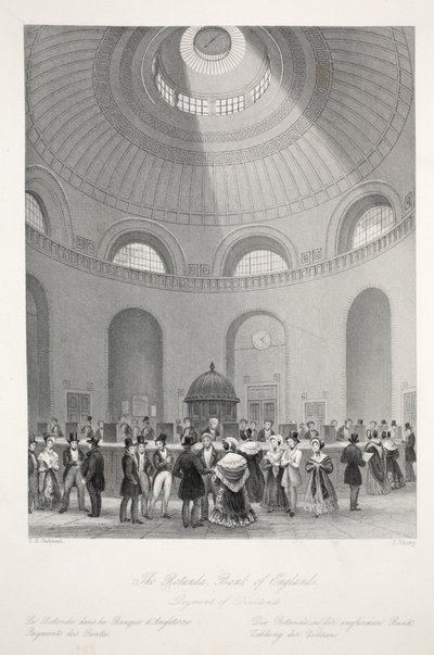 Englannin keskuspankin Rotunda, julkaisusta "London Interiors with their Costumes and Ceremonies". Joseph Mead, Lontoo, noin 1843 (teräskaiverrus). tekijältä Thomas Hosmer Shepherd
