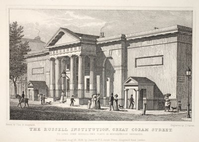 Russell Institution, Great Coram Street, "Lontoo ja sen ympäristö 1800-luvulla" -pubista. Jones und Co., 1827-1829 tekijältä Thomas Hosmer Shepherd