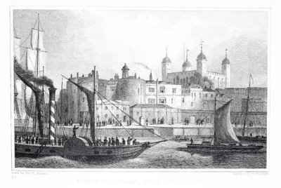 Lontoon Tower, Thamesista, "Lontoo ja sen ympäristö 1800-luvulla" -pubista. Jones und Co., 1827-1829 tekijältä Thomas Hosmer Shepherd