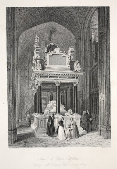 Kuningatar Elisabet I:n hauta, "London Interiors with their Costumes and Ceremonies" -pubista. Joseph Mead, Lontoo, n.1843 (teräskaiverrus) tekijältä Thomas Hosmer Shepherd