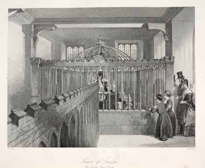 Tower of London, The Crown Jewel Room, "London Interiors with their Costumes and Ceremonies" -pubista. Joseph Mead, Lontoo, n.1843 (teräskaiverrus) tekijältä Thomas Hosmer Shepherd