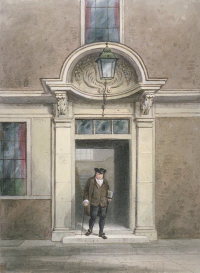 Näkymä tohtori Johnsonin ovesta ja portaista, Inner Temple Lane, Lontoon kaupunki, 1855. tekijältä Thomas Hosmer Shepherd