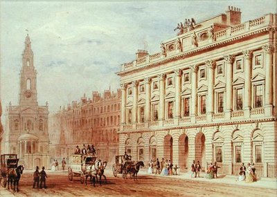 Näkymä Somerset Housesta ja St. Mary Le Strandin kirkosta (kynä ja akvarelli paperille) tekijältä Thomas Hosmer Shepherd