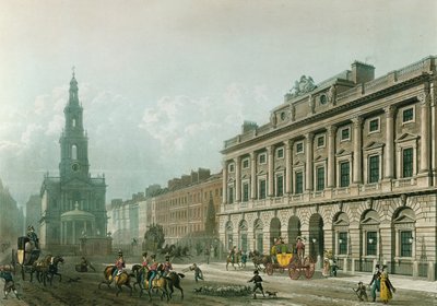 Näkymä Somerset Housesta, Strandista, kaiverrus J. Bluck (fl.1791-1831), pub. 1819, Ackermannin "Taidevarasto" (akvatinta) tekijältä Thomas Hosmer Shepherd