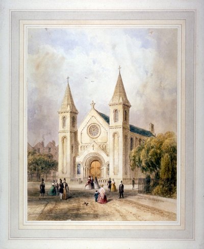 Näkymä tuntemattomasta uskonnollisesta rakennuksesta Regent Squarella, St Pancras, Lontoo, 1842. tekijältä Thomas Hosmer Shepherd